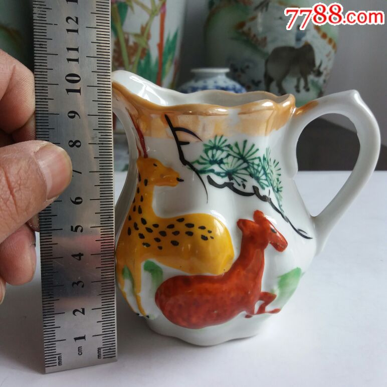民国晚期建国初期粉彩双鹿漱口杯品相完整保真保老