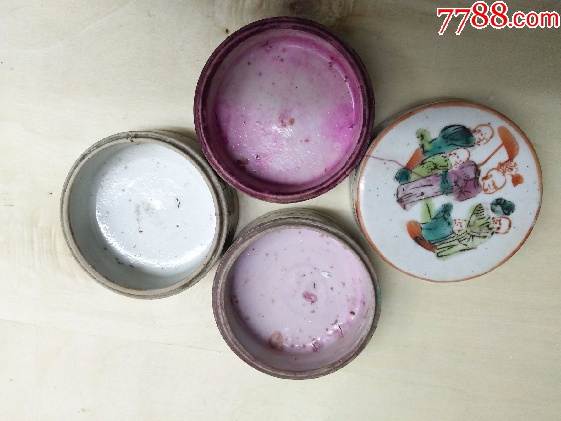 古董古玩瓷器民俗清朝同治民国老旧物件瓷人物粉盒一套粉彩老粉盒lyd1