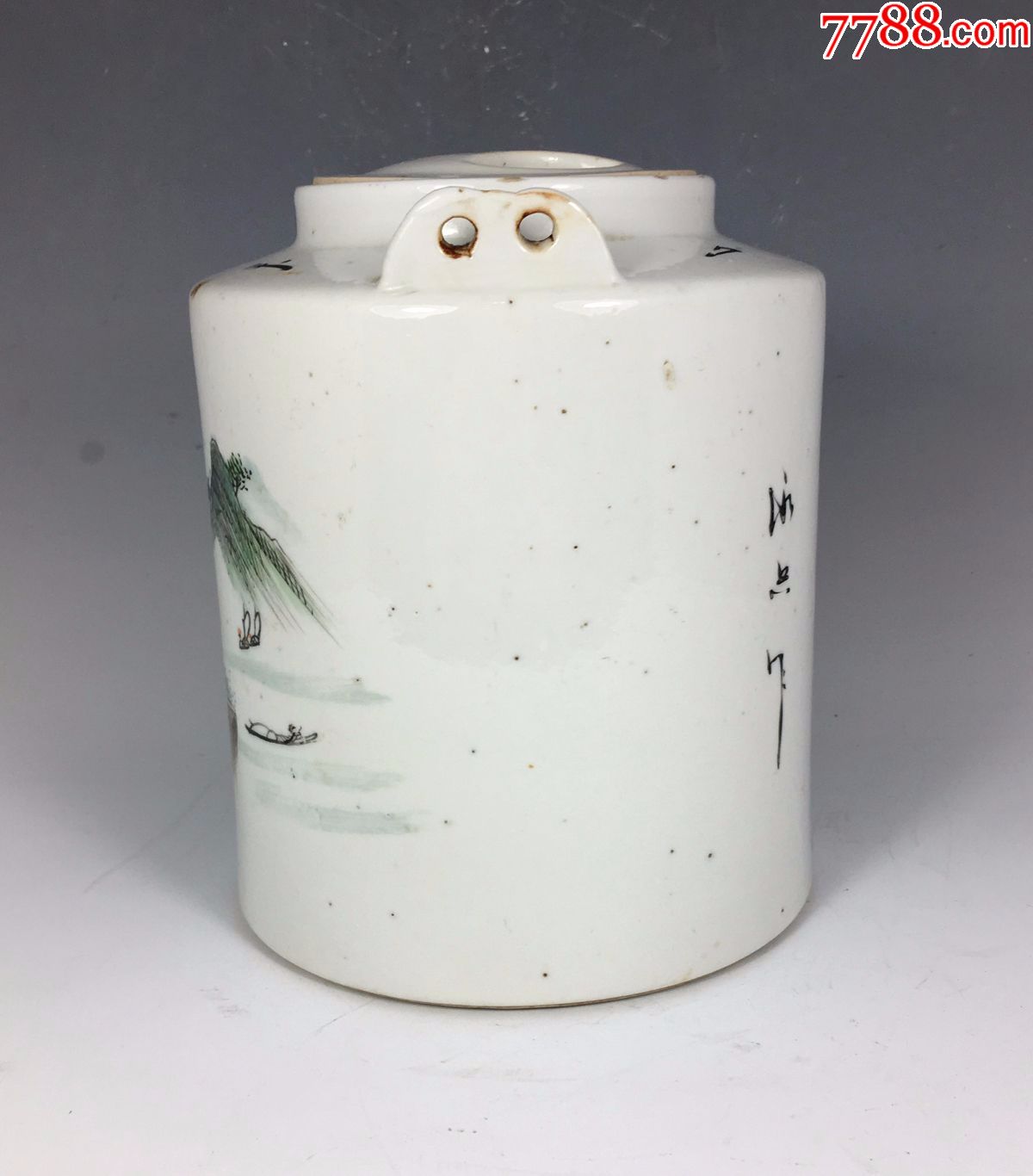 民国名家江鸿源作品浅降彩青绿山水提梁壶近全品