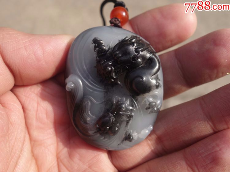 淮南王收藏正宗新疆和田聚墨青花籽料望子成龙把件70030