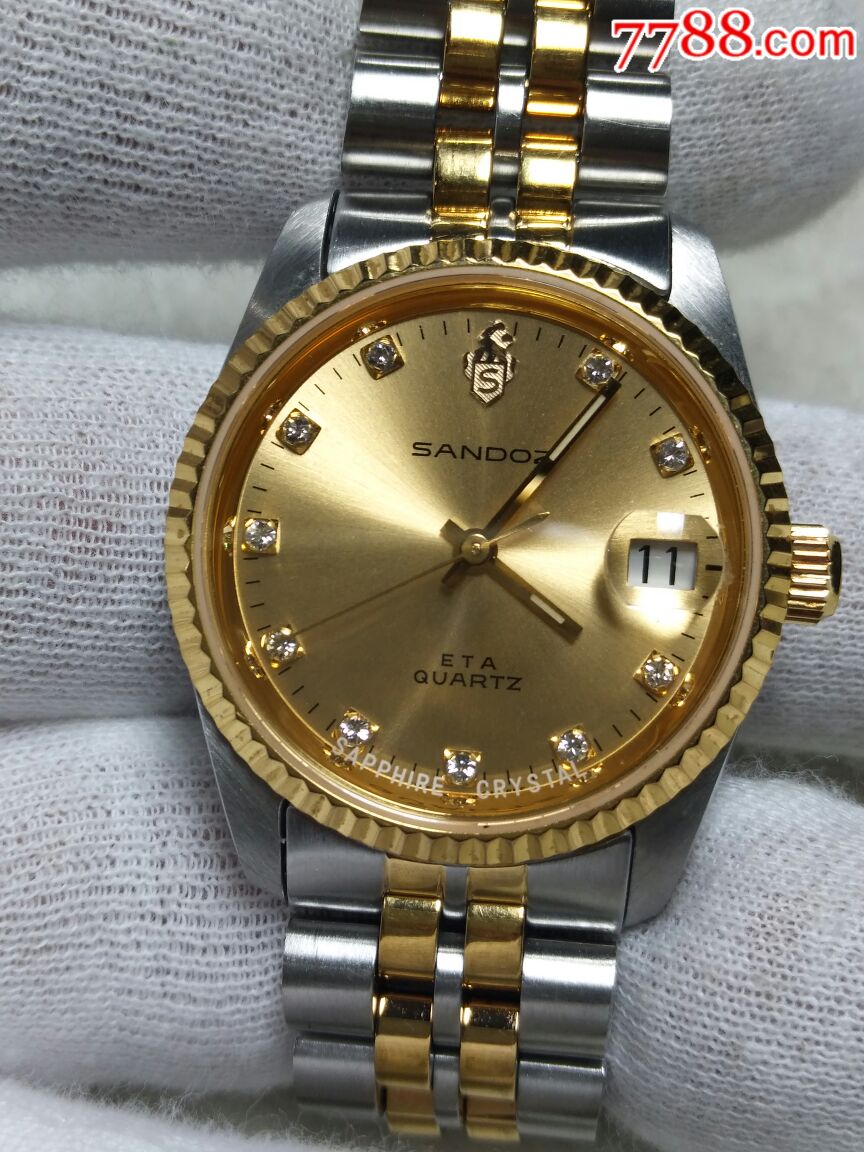 全新库存山度士镀金钻刻石英中性表