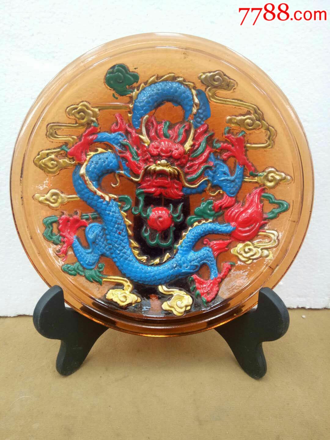 琉璃龙图盘子摆件彩绘琉璃龙戏珠盘子摆件