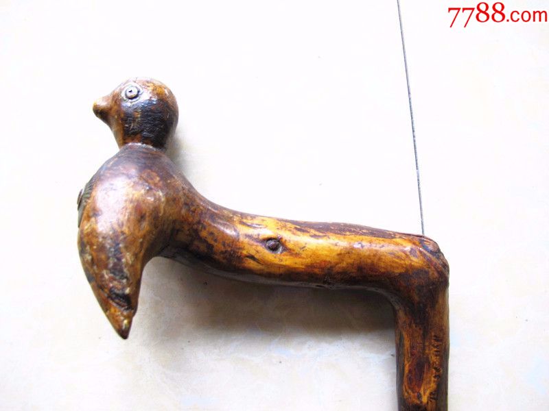 清代木器极美拐杖雕刻小鸟嵌铜真品古玩杂项古代木器