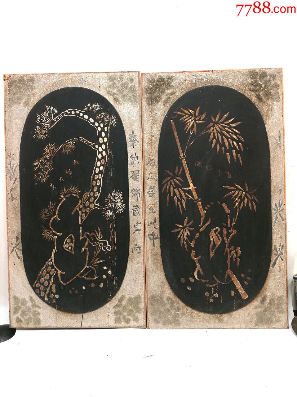 大片阴刻松竹花板一对