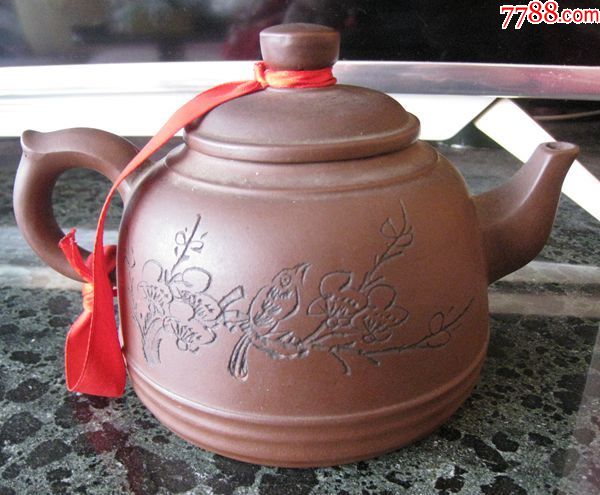 民国钱茗仙款石泉刻花鸟紫砂壶全品