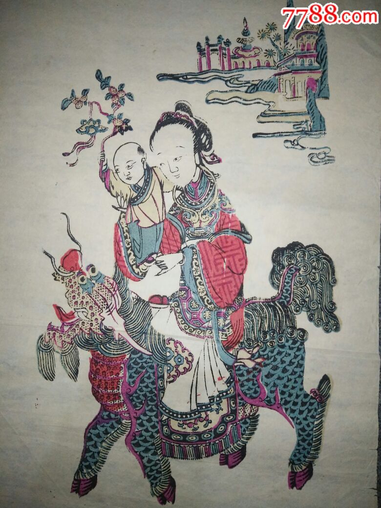 清末民初木版年画《麒麟送子》一对,包老!包真!桃花坞年画