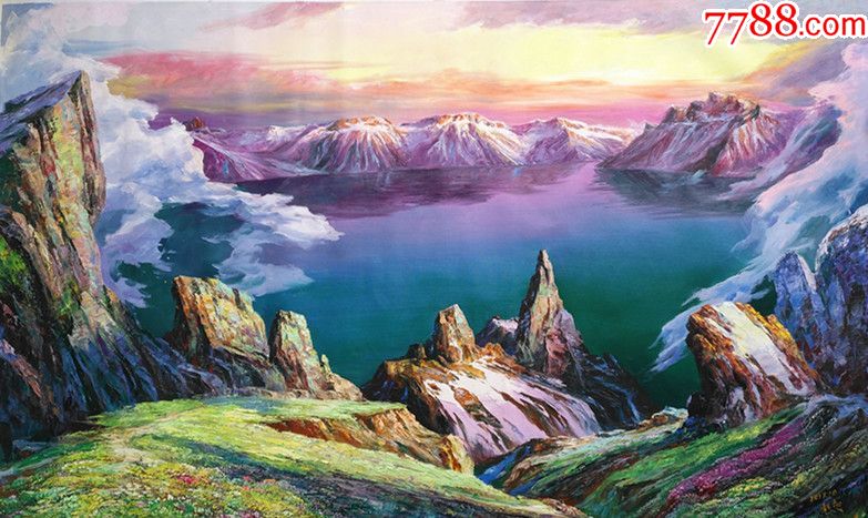 朝鲜功勋画家韩贤油画长白山天池1