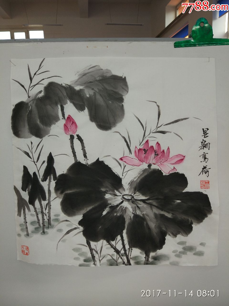王显翱作品6【三尺水墨荷花斗方四幅】画芯50乘50_花鸟国画原作_山水