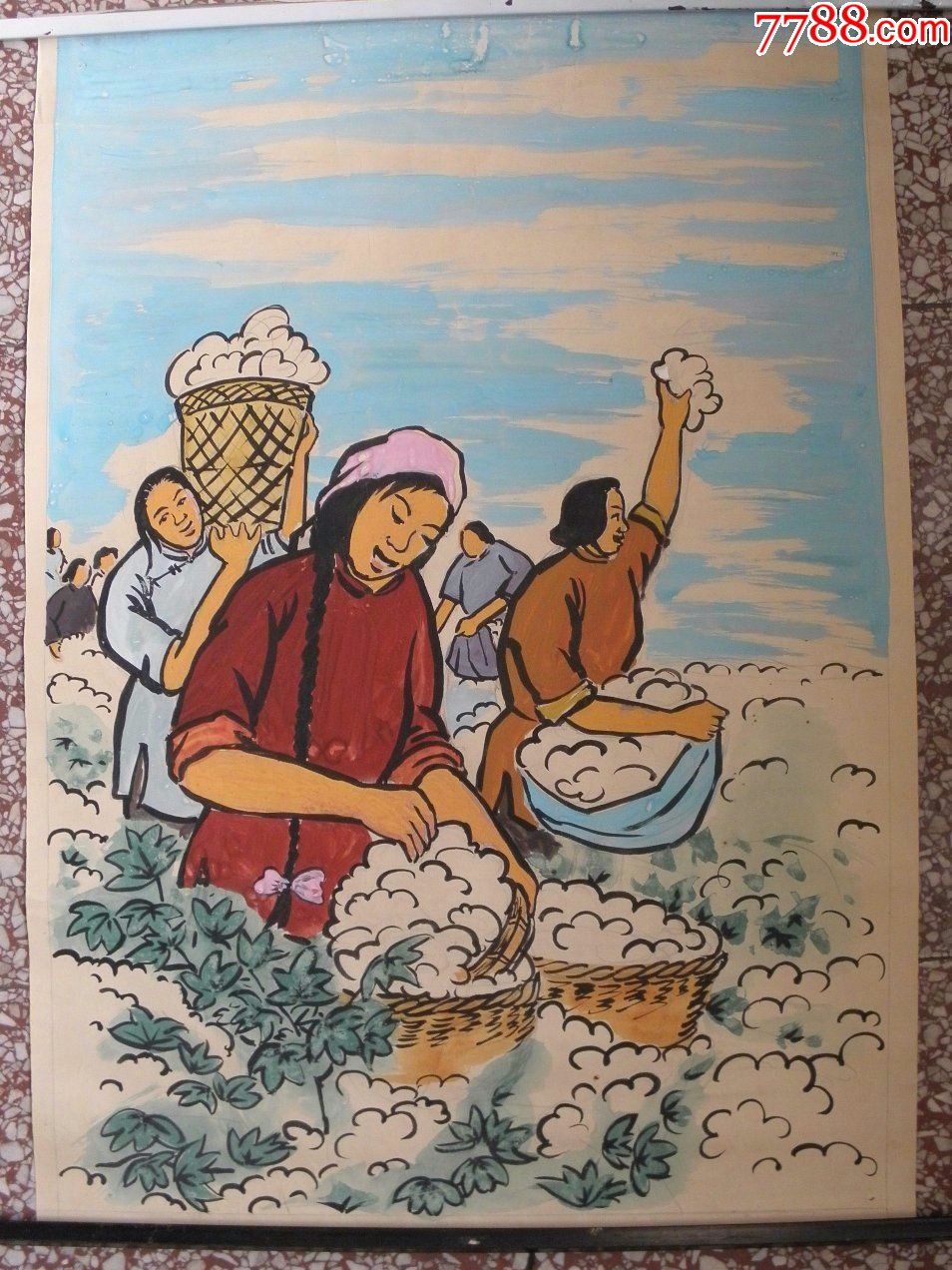 五六十年代采棉生产图,彩绘宣传画,版画海报艺术品