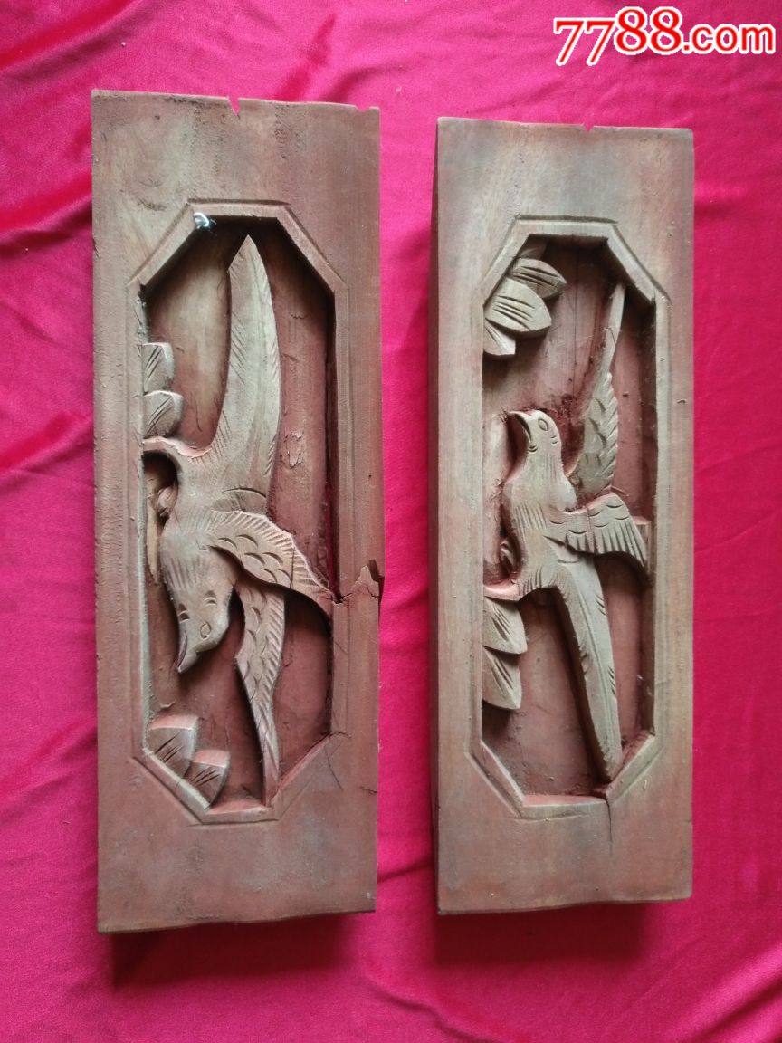 民国喜鹊报春图案雕花板一对