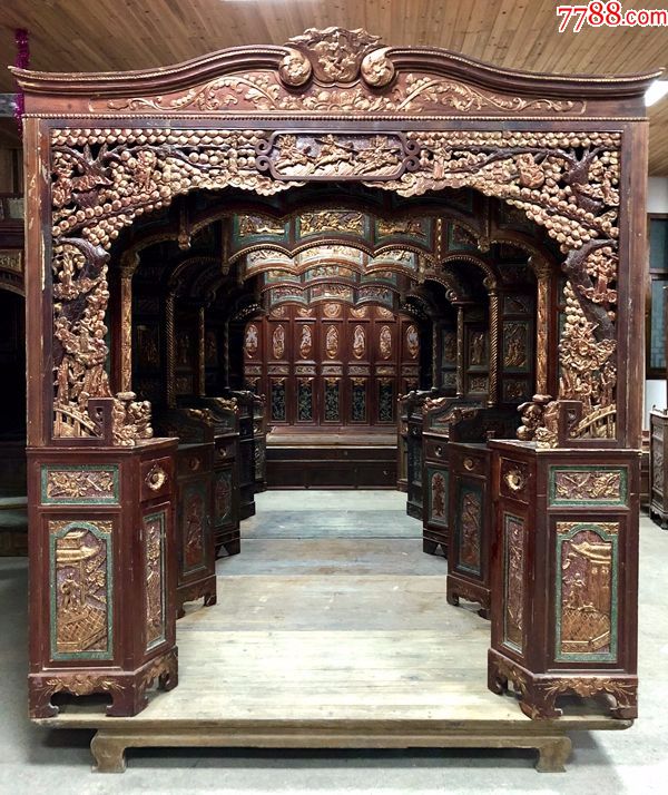明清古旧老家具xq1903鎏金雕刻五进拔步千工床