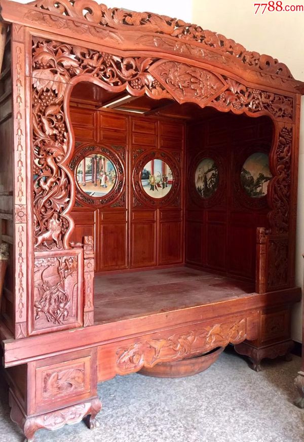 明清古旧老家具xq1904鎏金雕刻单进拔步千工床