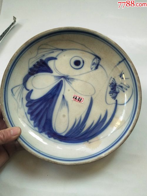 家里清末民国豪门名宴用具老手绘漂亮青花大鱼盘福陶底款富贵有余连年