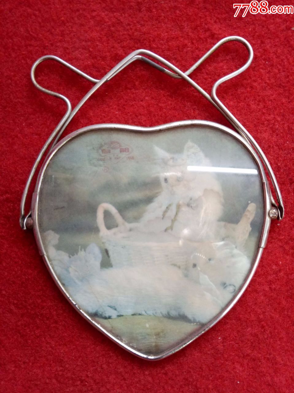 怀旧收藏八十年代镜子心形支架镜子猫咪图案收藏用