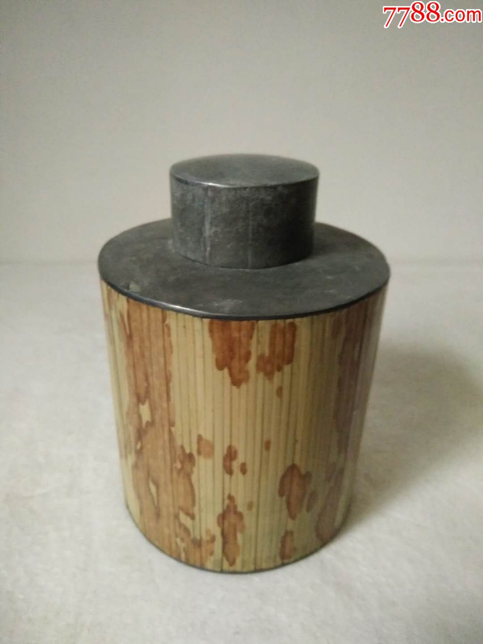 清代老料茶具茶叶罐《锡胎镶嵌湘妃竹》斑竹怀旧老物件收藏品