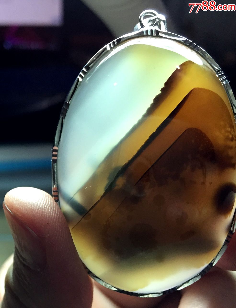 马达加斯加海洋玛瑙玉髓水墨山峦寓意胸有丘壑精美意境图案吊坠