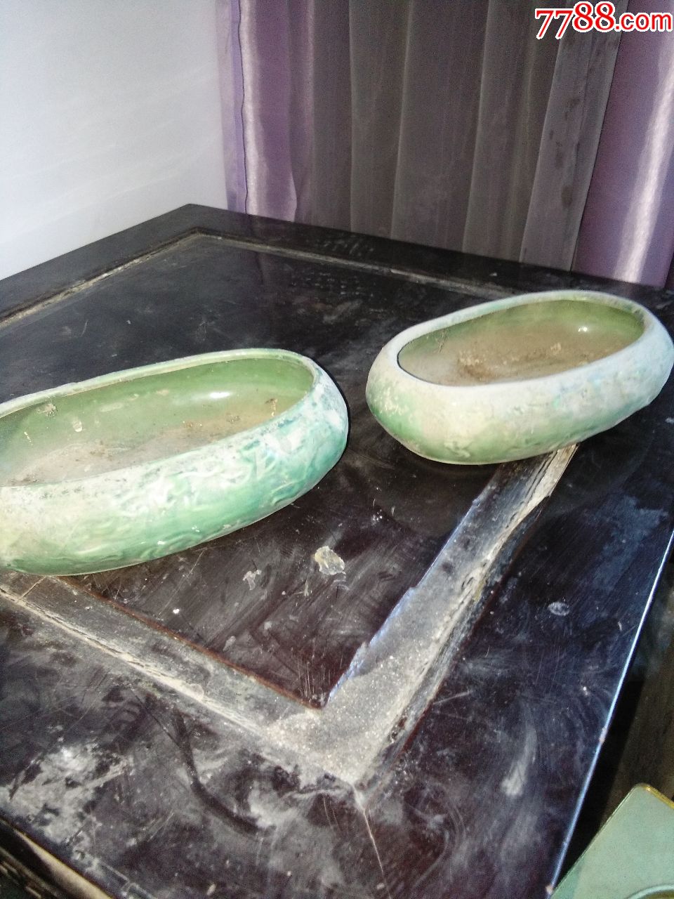 80年代绿釉水仙花瓷盆两个
