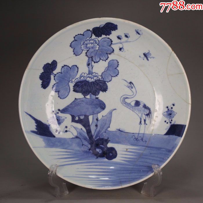 清代青花瓷一鹭莲升纹大盘锔瓷