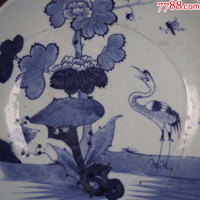 清代青花瓷一鹭莲升纹大盘锔瓷
