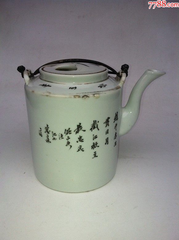 民国名家万子林粉彩赵云截江救主原装莲子头银提梁直筒壶