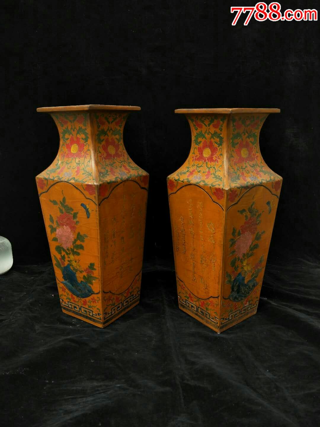 清代大漆描金《花瓶》一对高35宽13大