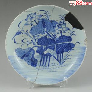 清三代乾隆青花瓷一鹭莲升纹大盘锔瓷明清景德镇古董古玩收藏品