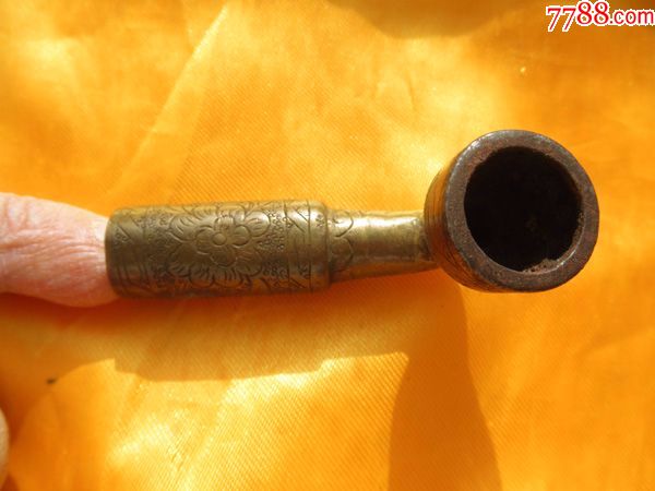 清代民国烟具满工刻花四色银托烟袋锅s3