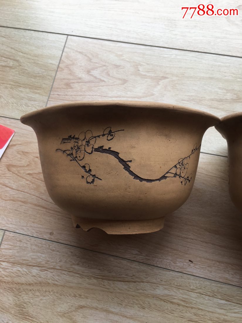 (云月)刻五角段泥老紫砂盆一对