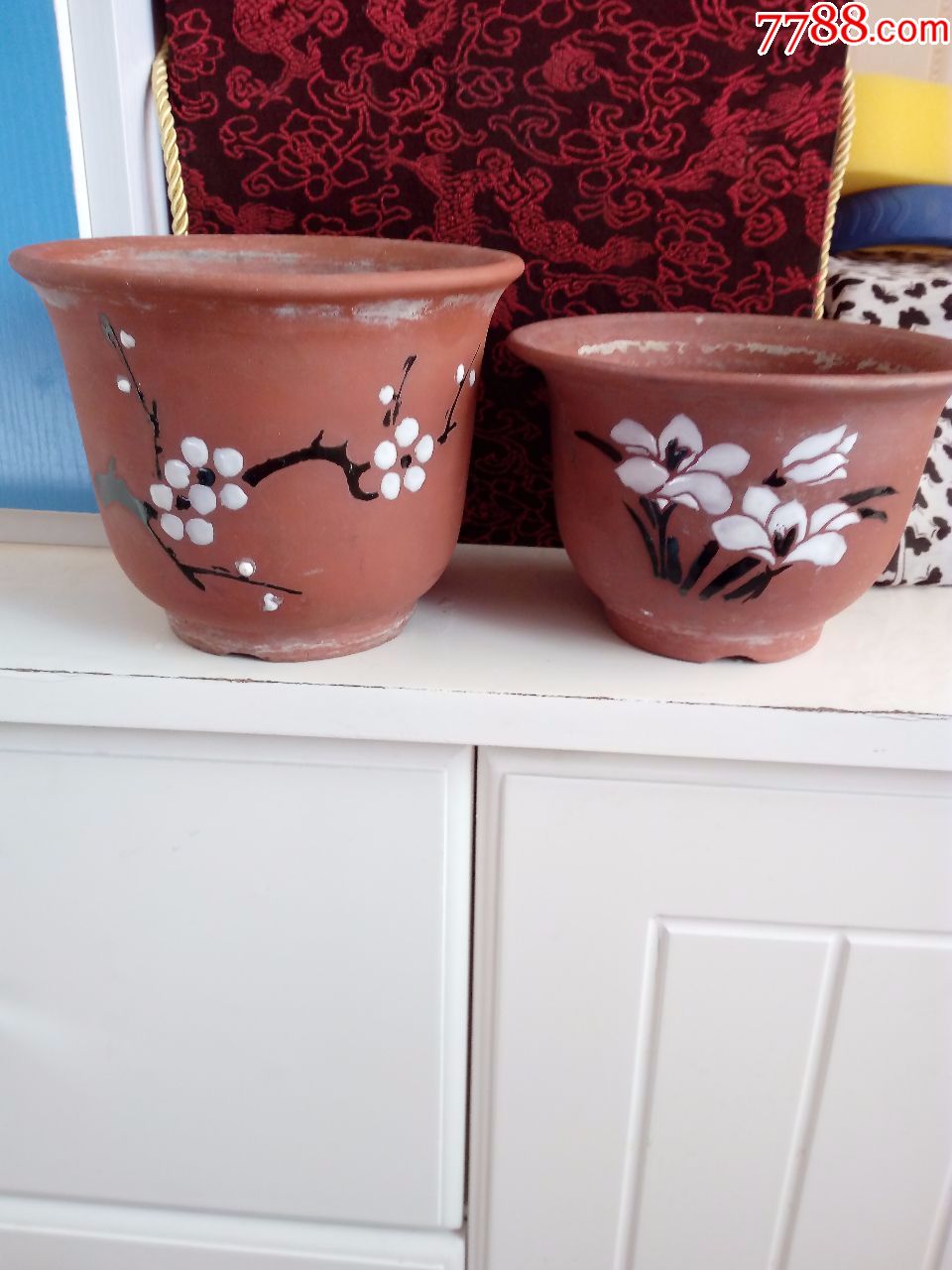 80年代老紫砂点彩花盆两只