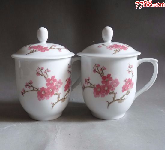 景德镇红旗瓷厂/釉中彩/高白泥/桃花茶杯一对
