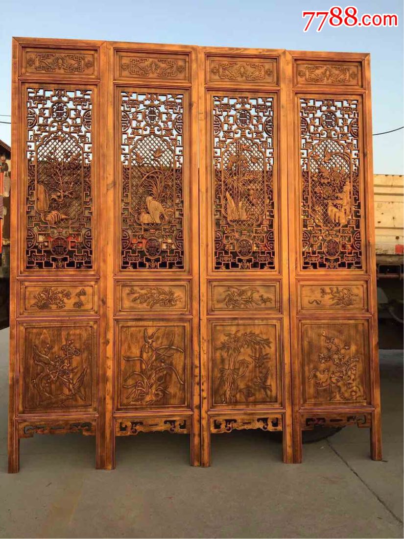 香樟木梅兰竹菊屏风一套