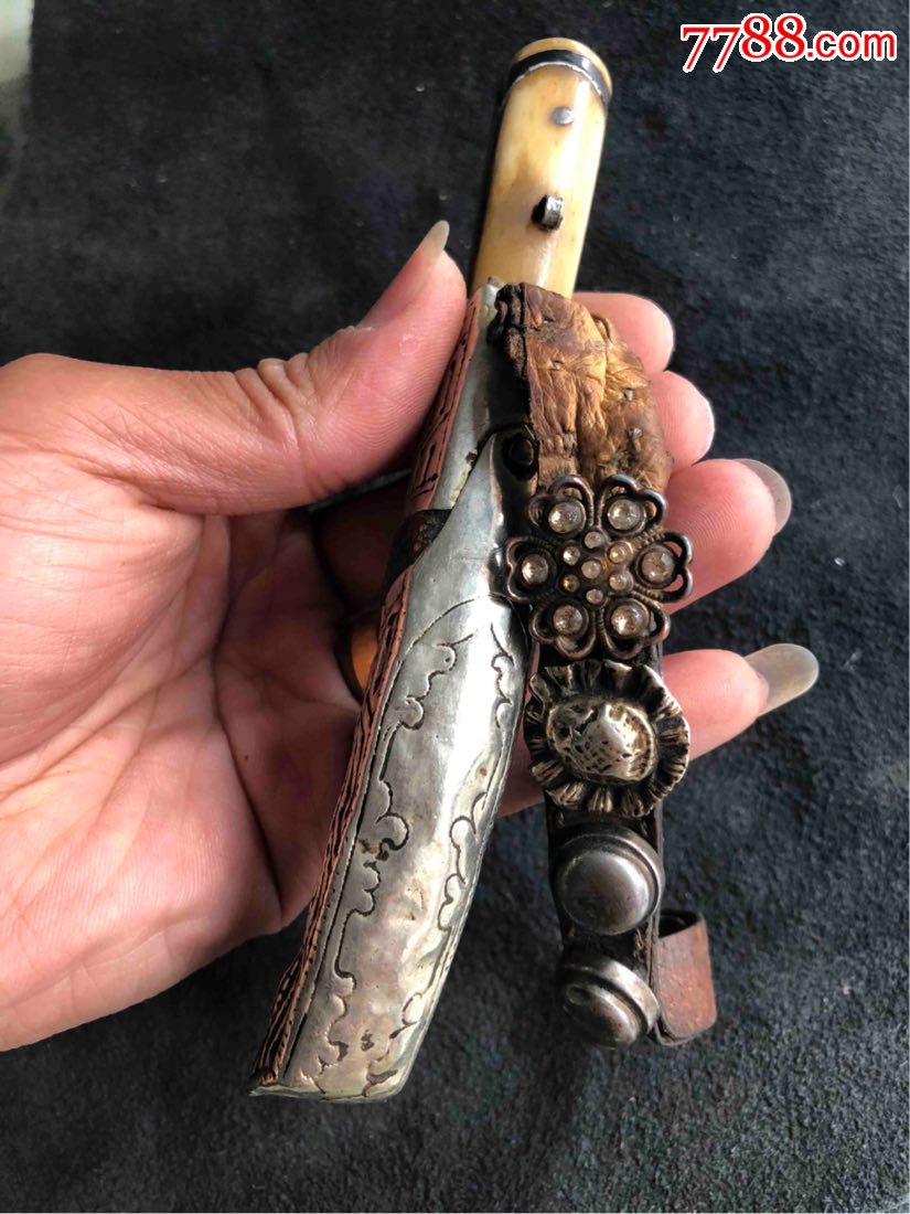 藏传骨柄藏银鞘镶嵌绿松石藏族小兵器