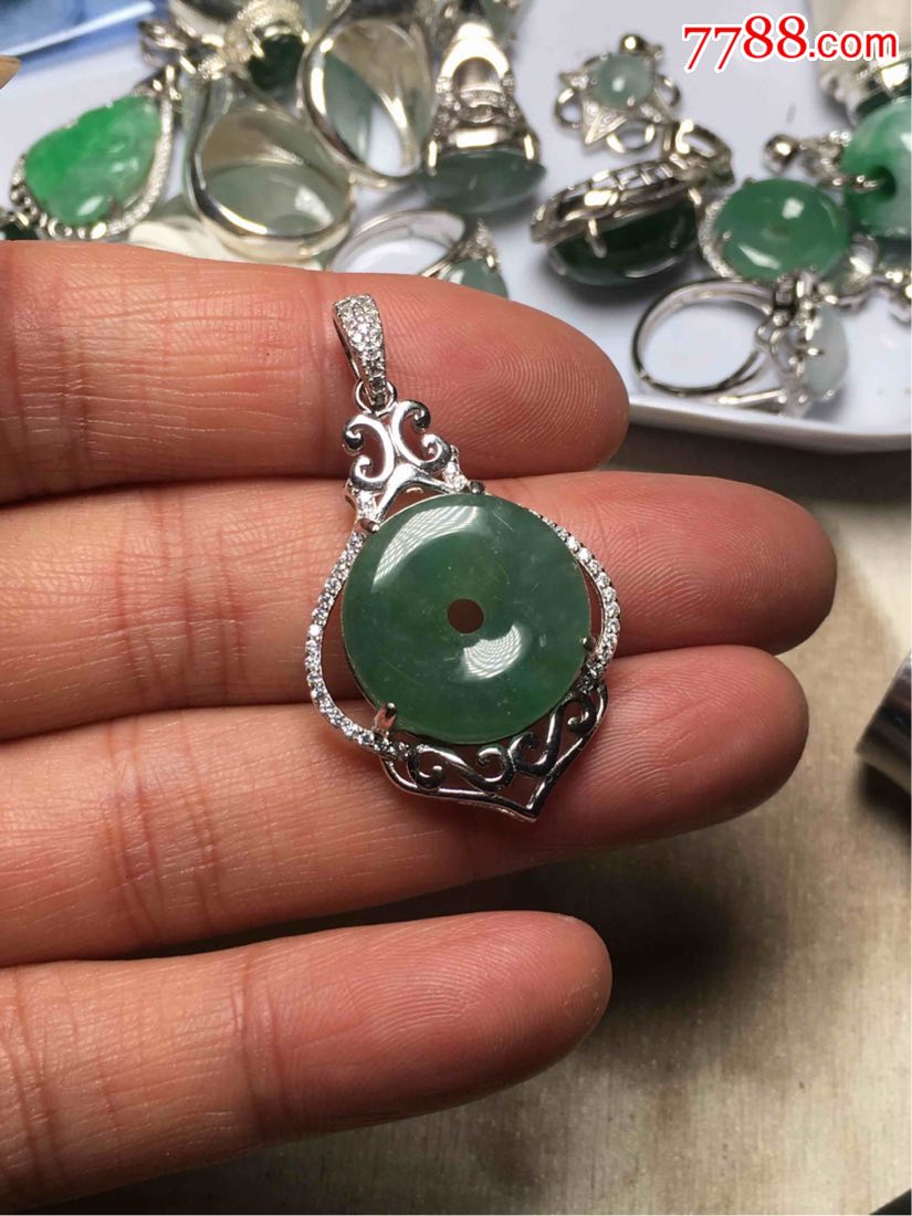 天然a货翡翠满绿平安扣925银镀玫铂金镶嵌放漏价680元支持正规检测