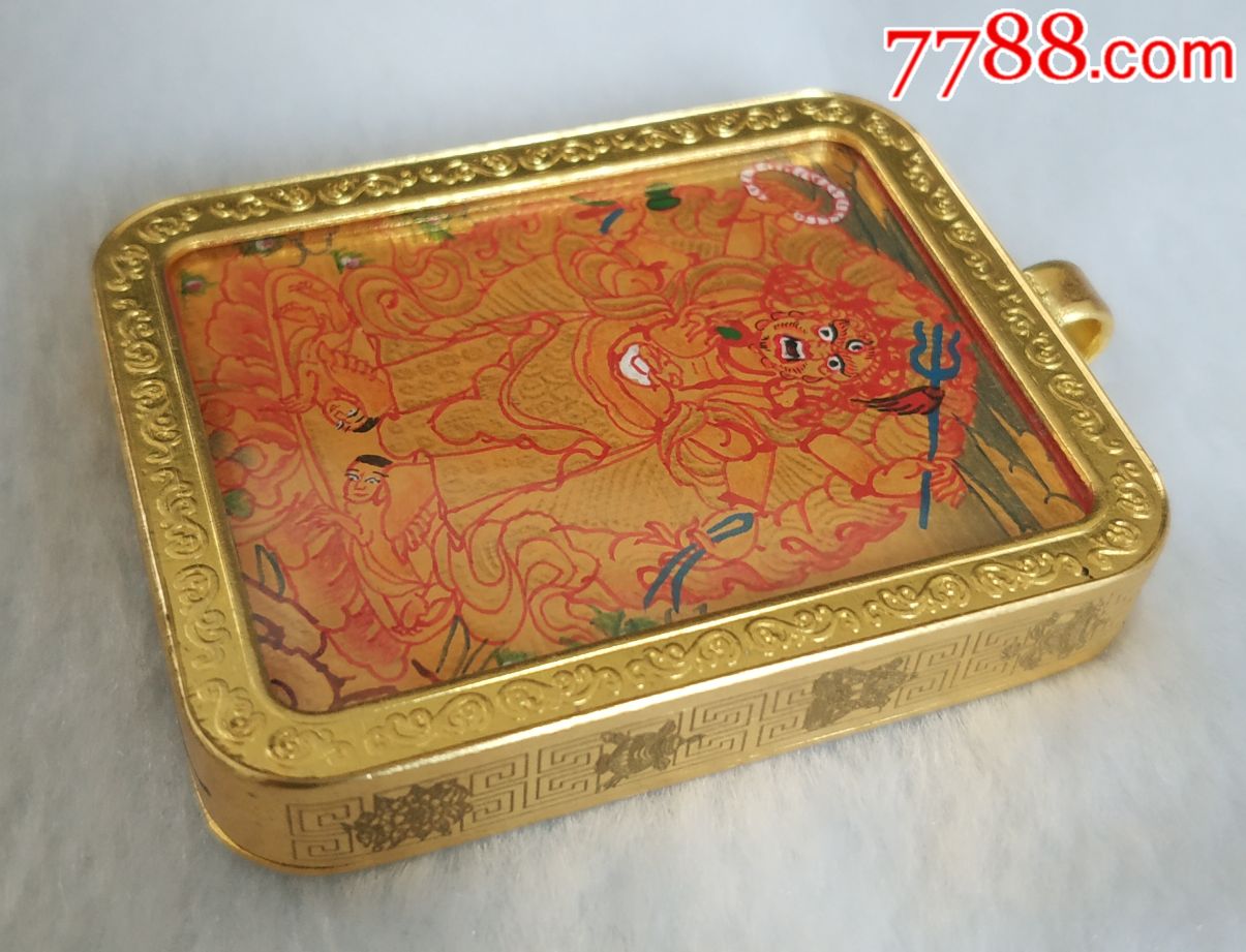纯手绘极品纯金金箔随身小唐卡《六臂黑玛哈嘎拉》嘎乌盒4.6*3.6*0.
