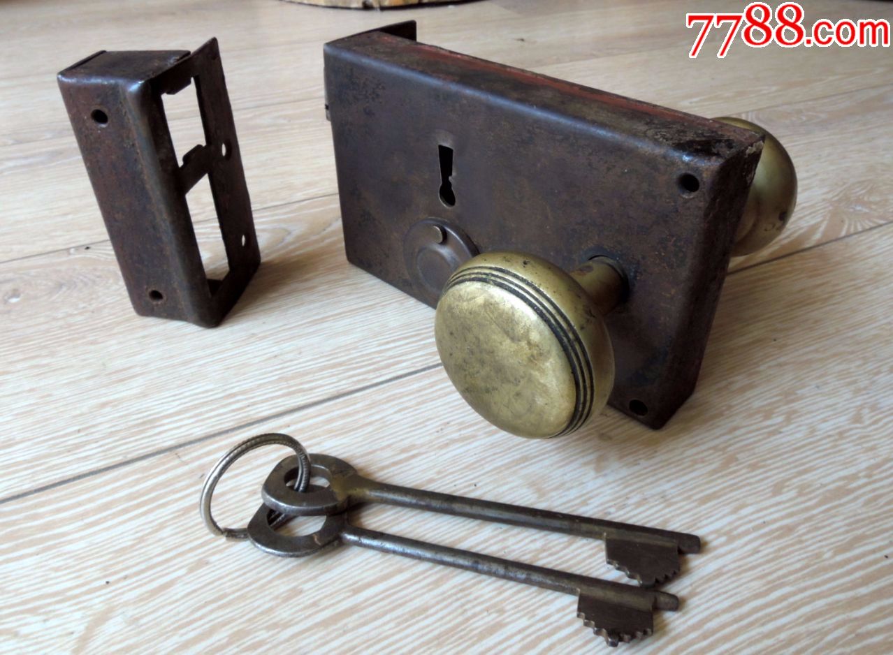 锁具收藏1803-民国洋房拆下双铜钮安全锁一套-原配钥匙2只
