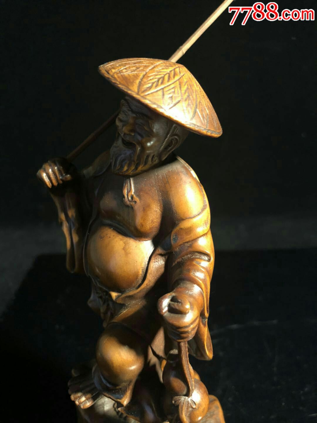 黄杨木姜太公钓鱼摆件,纯手工雕刻,包浆厚重,磨损自然,老化明显