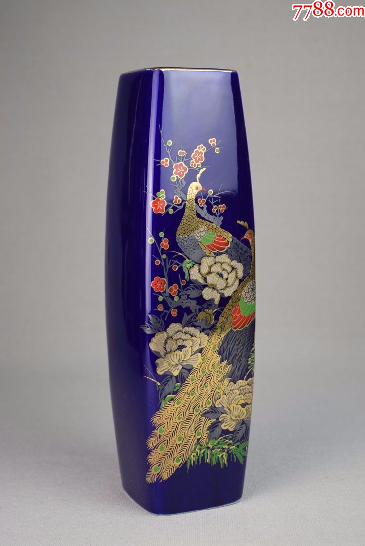 日本古董收藏品正峰作百鸟之王孔雀牡丹蓝釉描金赏瓶花器花道摆件