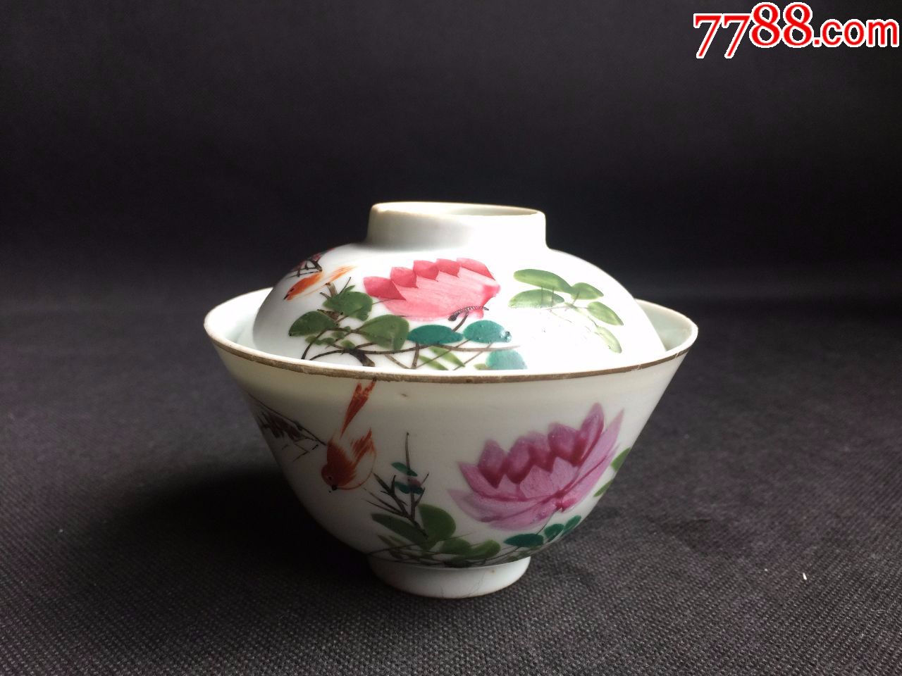 民国【洪发作】粉彩枝上求友花鸟纹盖碗茶碗茶盅