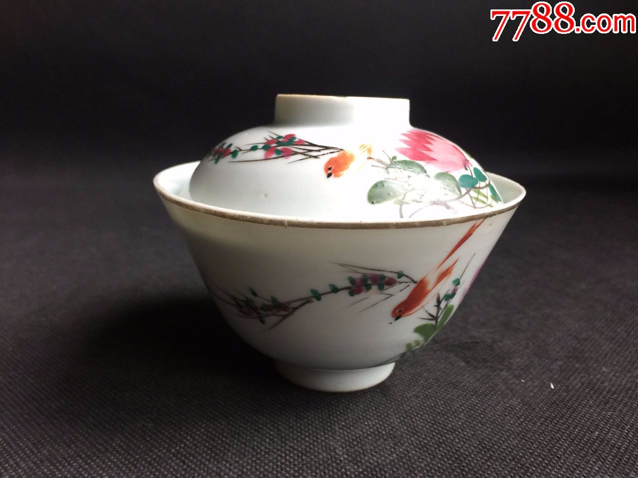民国【洪发作】粉彩枝上求友花鸟纹盖碗茶碗茶盅