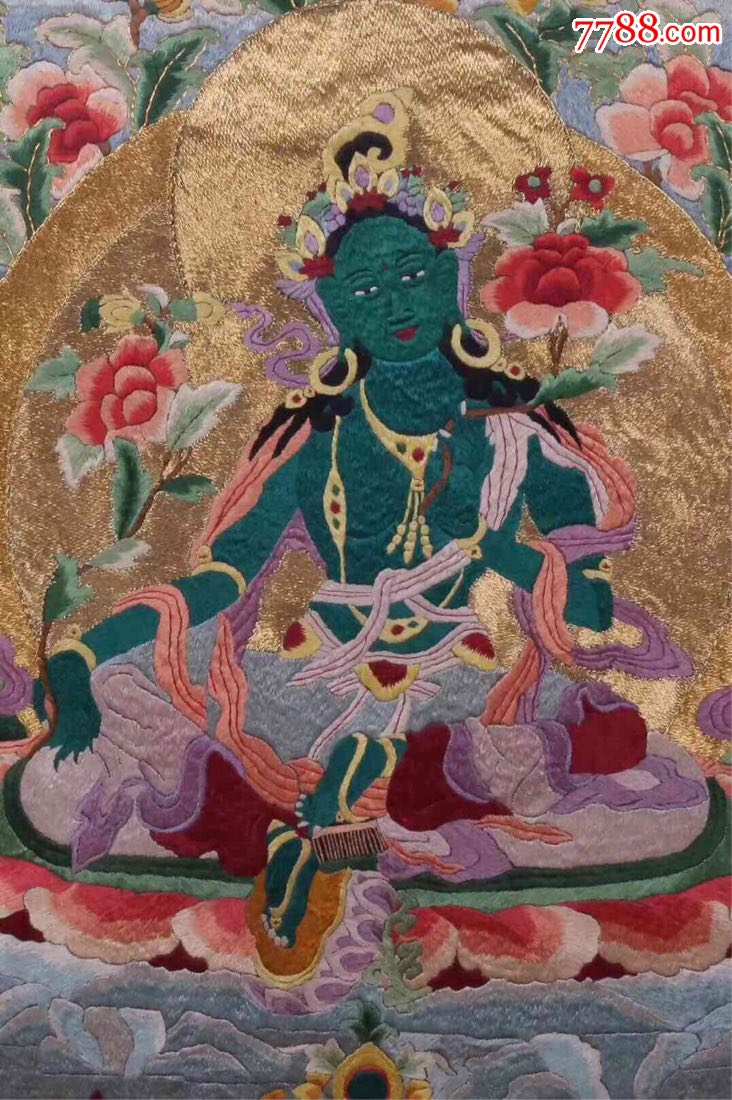 清.豪华大尺寸纯手工刺绣绿度母唐卡(精表框)品相完整_价格18000.