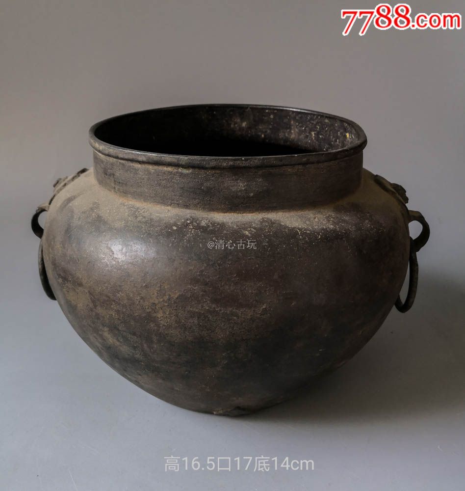 热销古董古玩明代菊花铺首衔环仰莲纹钵式铜炉