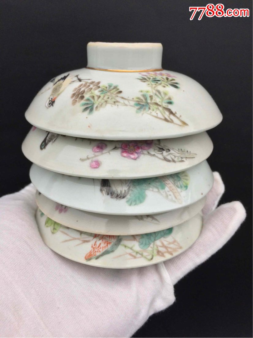 瓷绘名家许逢生"许有竹居"花鸟盖子5只