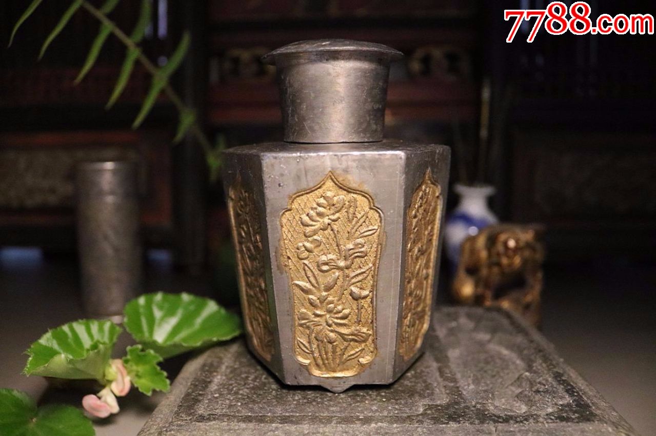 民国锡茶叶罐漆金