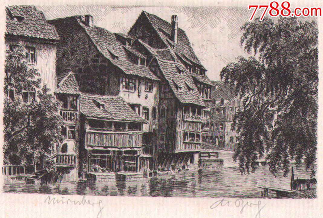 德国铜版画《水边建筑风景》有画家签名