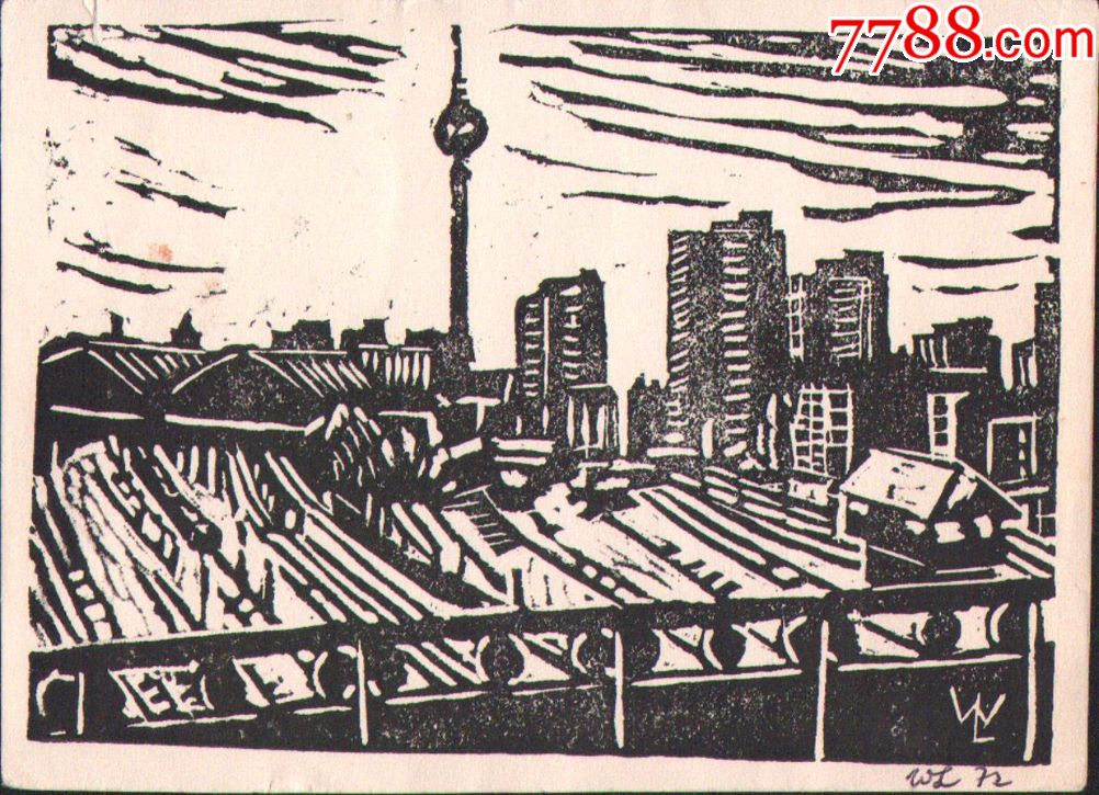 德国黑白木刻版画《柏林亚历山大广场与电视塔》
