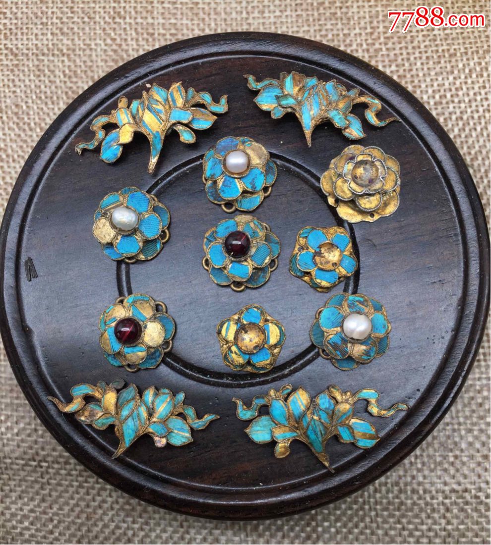 晚清民国老银鎏金点翠帽花