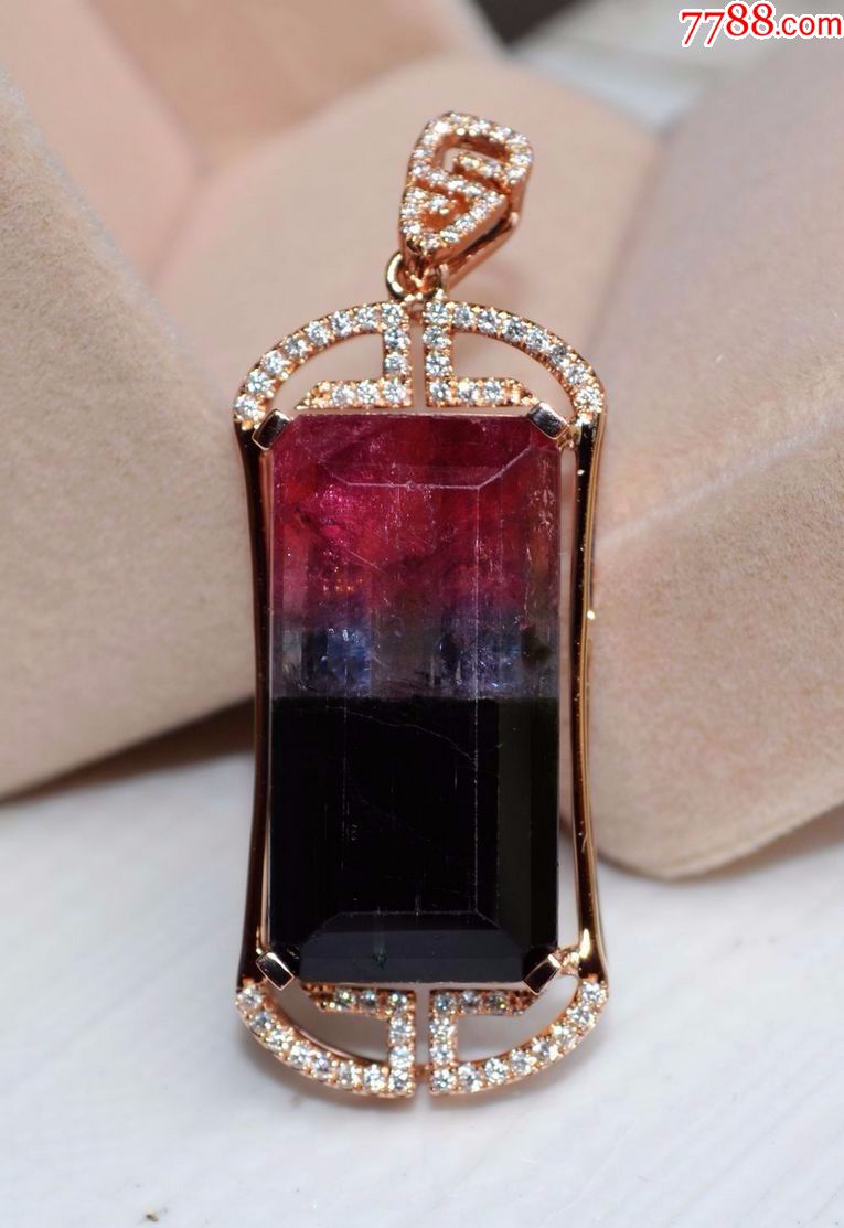 双色碧玺吊坠31.07克拉天然碧玺18k金钻石吊坠