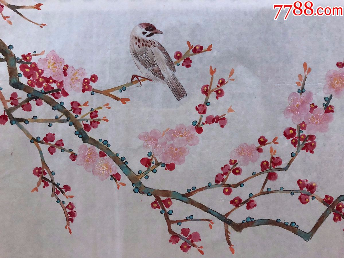 90年代手绘真迹【杨炯】国画,68,工笔写意花鸟画,红梅