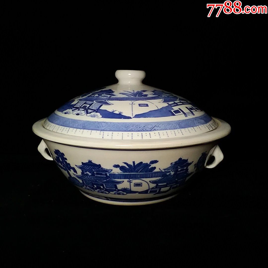 文革少见楼亭山水图大汤饭四系青花古瓷锅一品锅四系锅楼亭锅山水锅