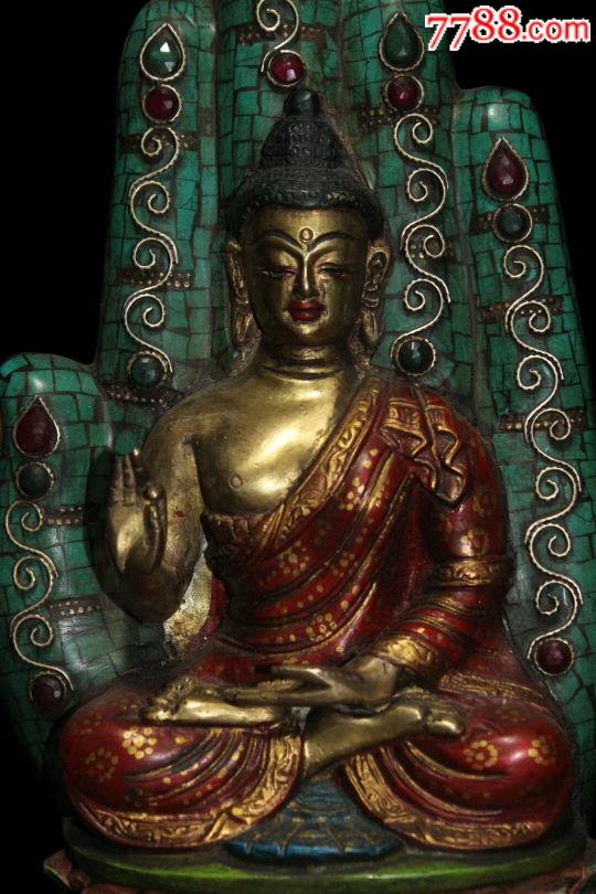 尼泊尔纯手工纯铜镶嵌宝石彩绘释迦摩尼佛手重2677克-铜像/铜佛像